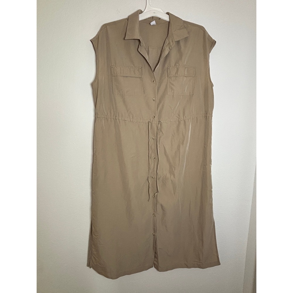 Old Navy Womens Large Tan Sleeveless‎ Button Front Utility Midi Shirt Dress L